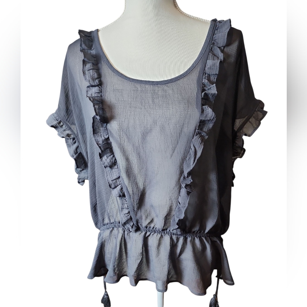 American Eagle Sheer Ruffle Tassel Elastic Waist Blouse Size XL